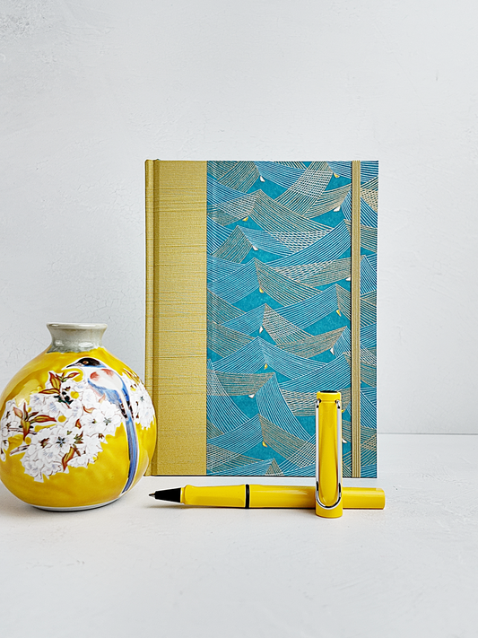 A5 160-page Hardcover Journal finished in Blue and Gold Chiyogami Paper and Yellow Gold Japanese Book Cloth
