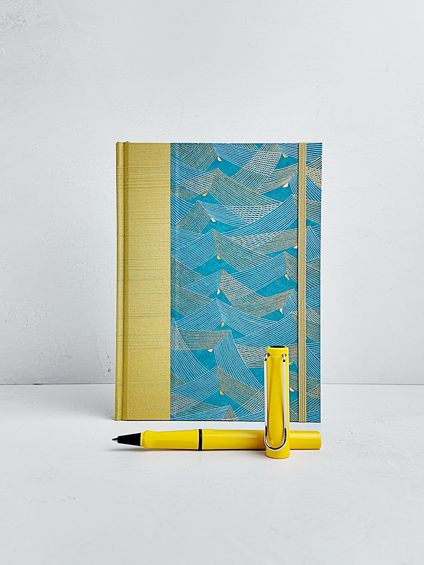 A5 160-page Hardcover Journal finished in Blue and Gold Chiyogami Paper and Yellow Gold Japanese Book Cloth