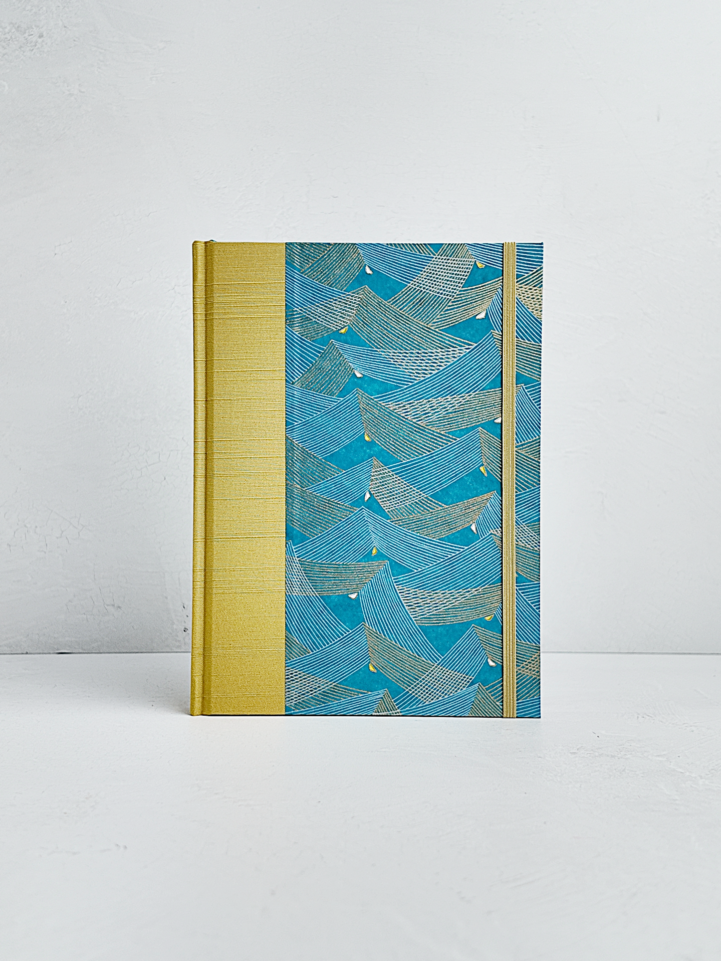 A5 160-page Hardcover Journal finished in Blue and Gold Chiyogami Paper and Yellow Gold Japanese Book Cloth