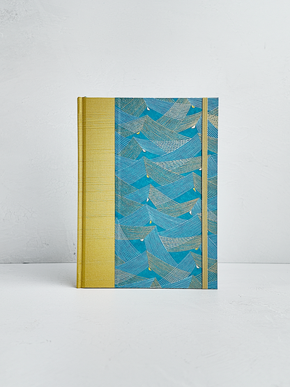 A5 160-page Hardcover Journal finished in Blue and Gold Chiyogami Paper and Yellow Gold Japanese Book Cloth