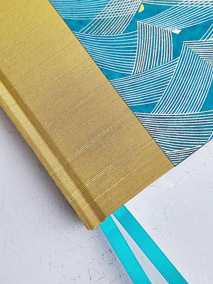 A5 160-page Hardcover Journal finished in Blue and Gold Chiyogami Paper and Yellow Gold Japanese Book Cloth