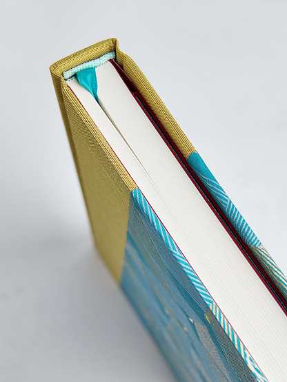 A5 160-page Hardcover Journal finished in Blue and Gold Chiyogami Paper and Yellow Gold Japanese Book Cloth