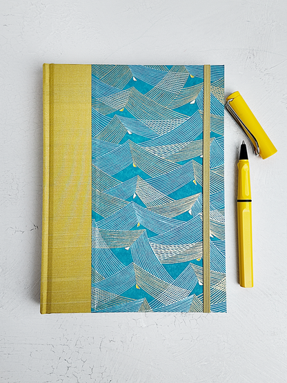 A5 160-page Hardcover Journal finished in Blue and Gold Chiyogami Paper and Yellow Gold Japanese Book Cloth