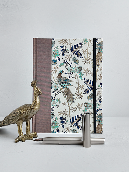 A5 160-page Hardcover Journal finished in botanical Florentine Print and Blue/Gold Japanese Book Cloth