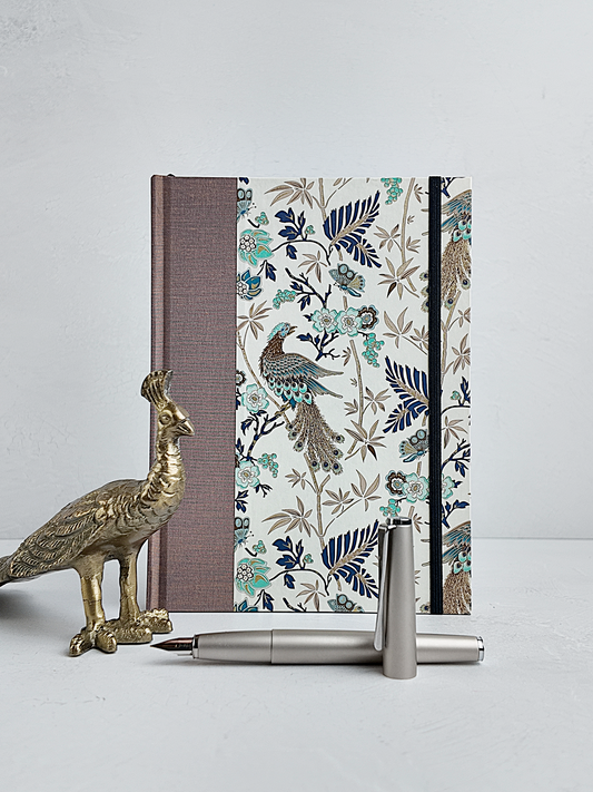 A5 160-page Hardcover Journal finished in botanical Florentine Print and Blue/Gold Japanese Book Cloth