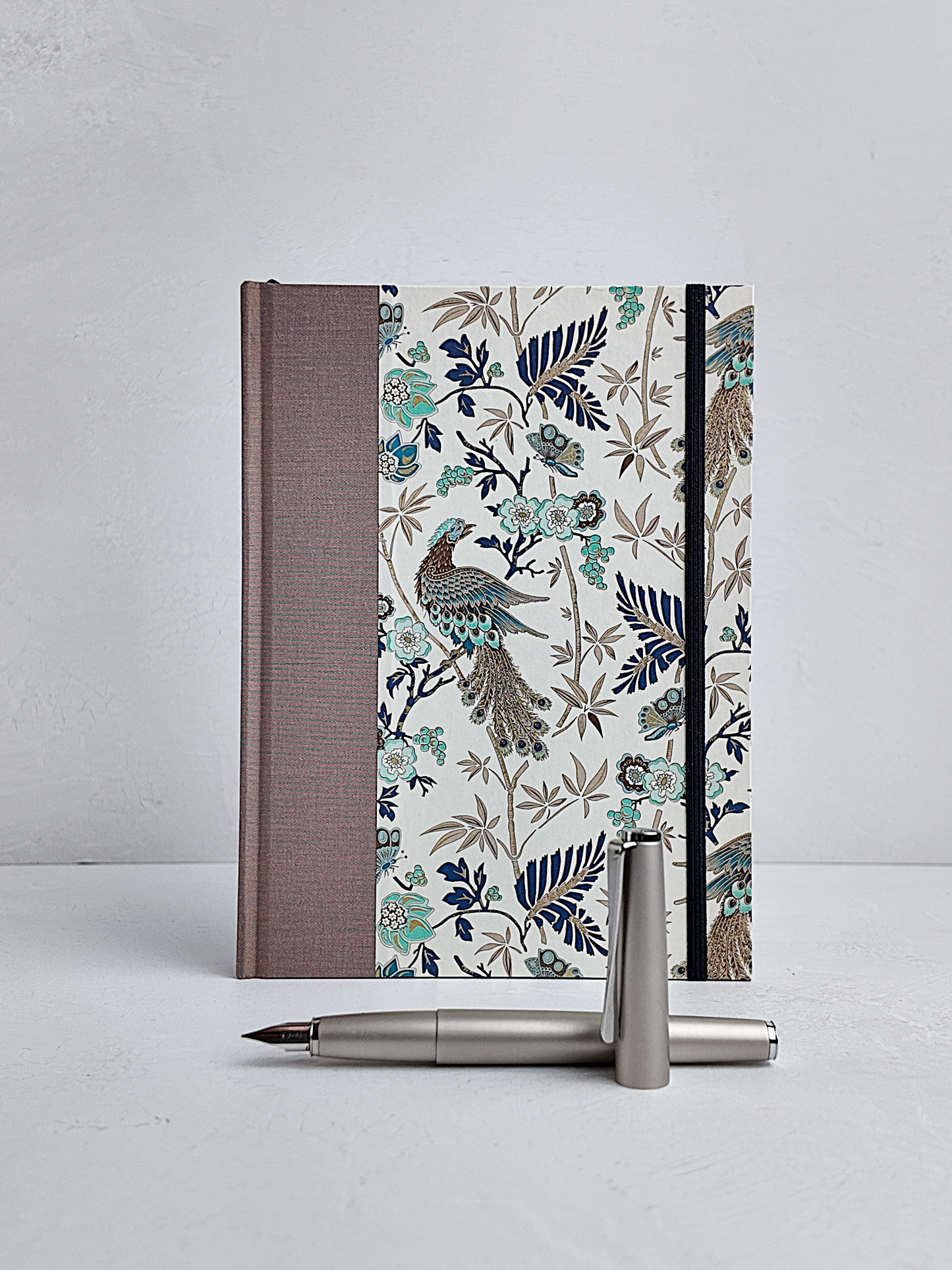 A5 160-page Hardcover Journal finished in botanical Florentine Print and Blue/Gold Japanese Book Cloth