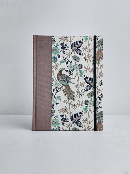A5 160-page Hardcover Journal finished in botanical Florentine Print and Blue/Gold Japanese Book Cloth