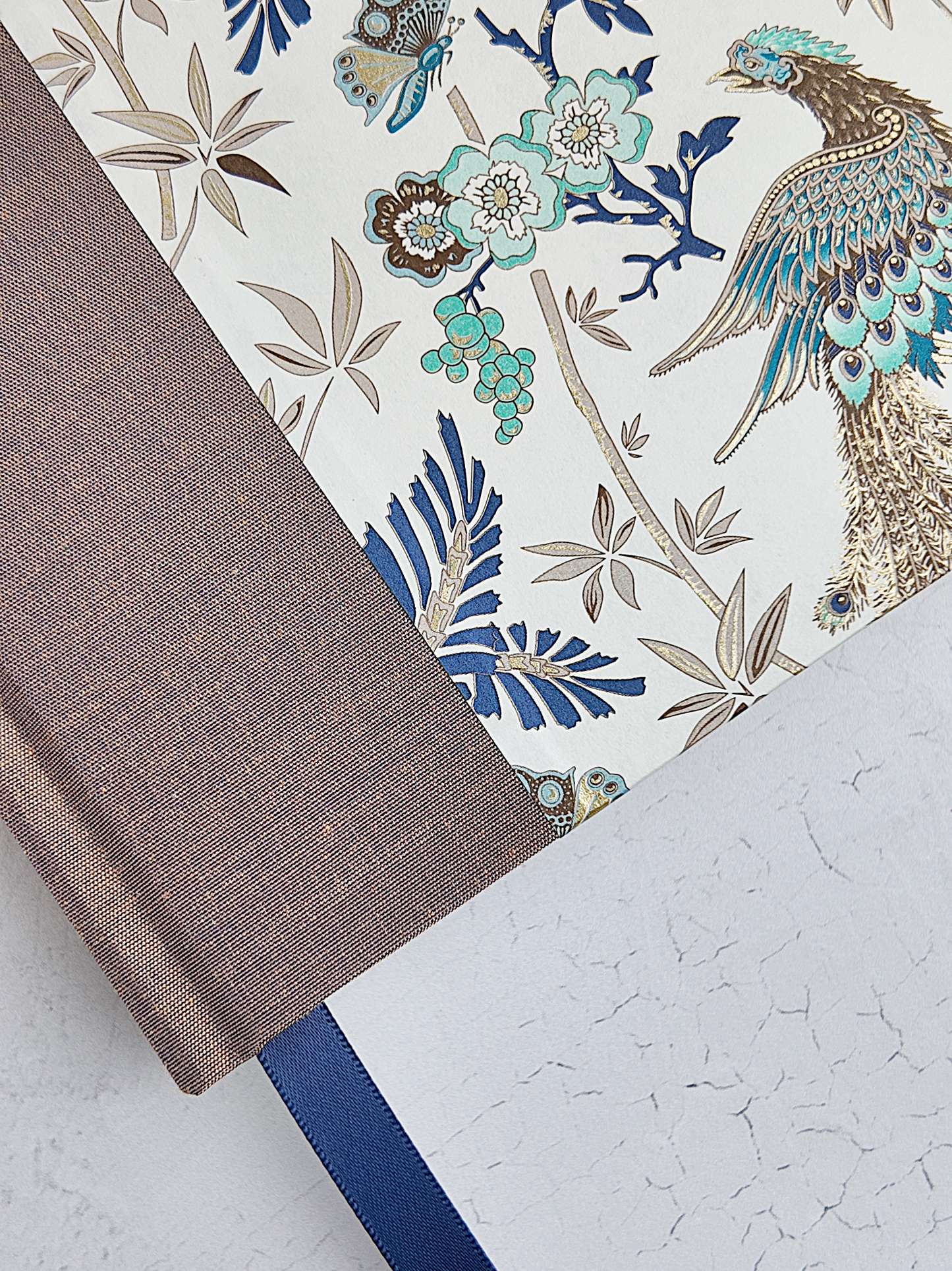 B5 192-page Hardcover Journal finished in botanical Florentine Print and Blue/Gold Japanese Book Cloth