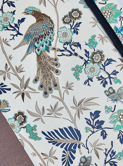 A5 160-page Hardcover Journal finished in botanical Florentine Print and Blue/Gold Japanese Book Cloth