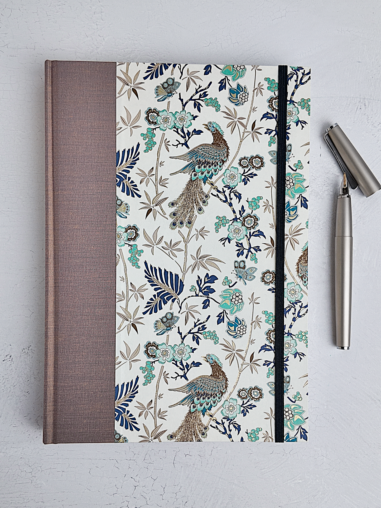 B5 192-page Hardcover Journal finished in botanical Florentine Print and Blue/Gold Japanese Book Cloth