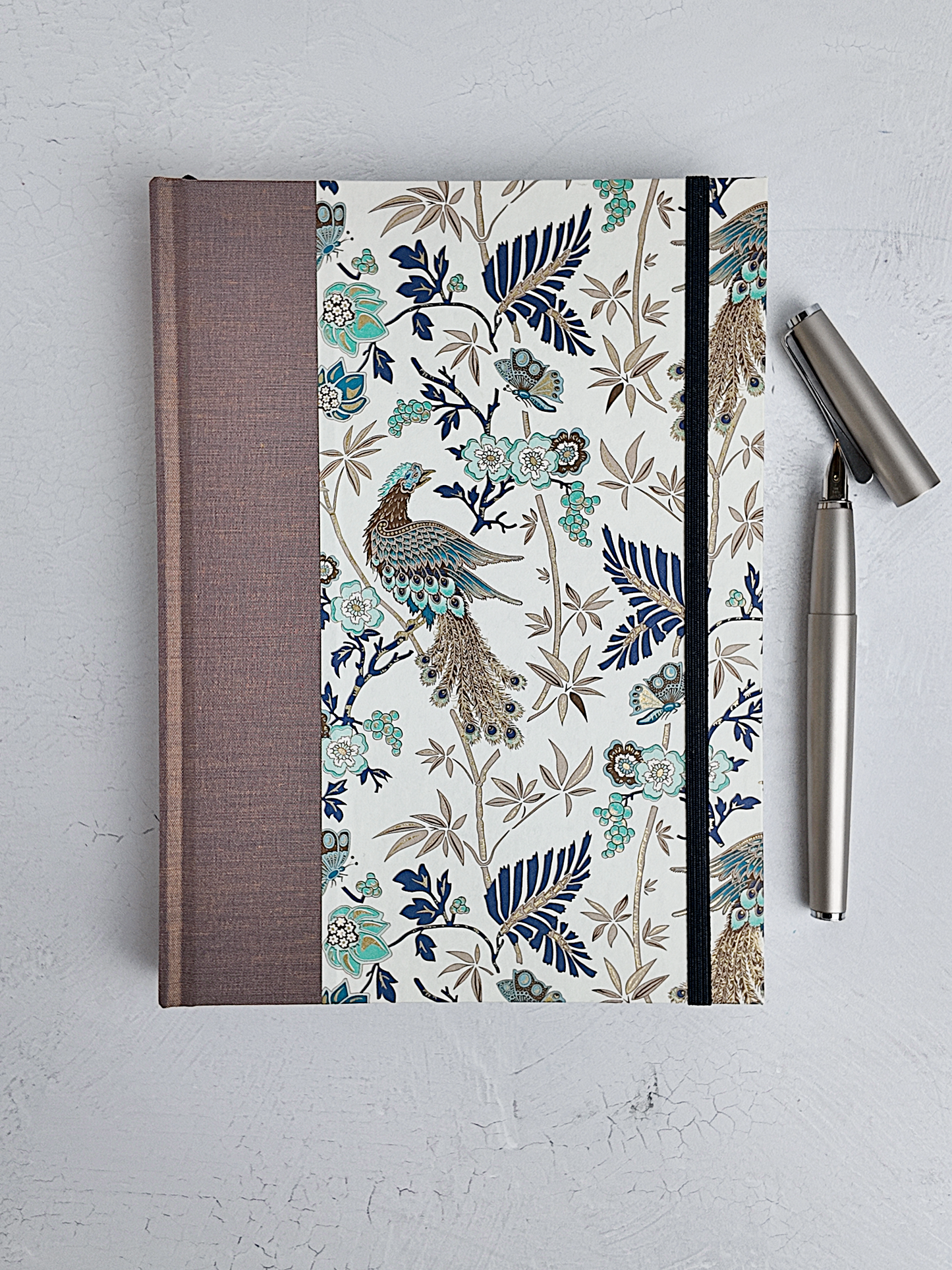 A5 160-page Hardcover Journal finished in botanical Florentine Print and Blue/Gold Japanese Book Cloth
