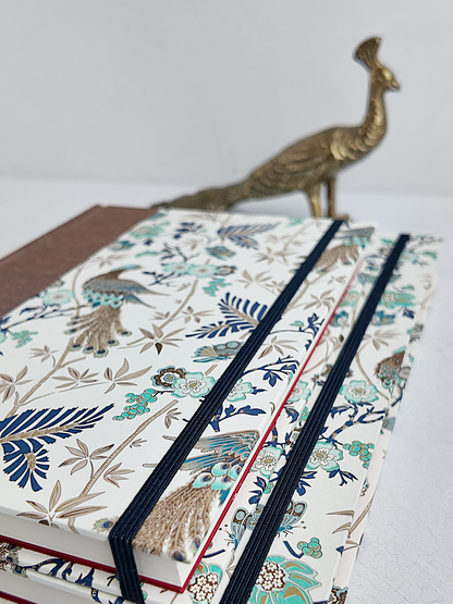 A5 160-page Hardcover Journal finished in botanical Florentine Print and Blue/Gold Japanese Book Cloth