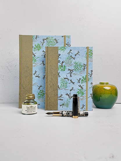 NEW A5 160-page Hardcover Journal finished in Green Japanese Book Cloth and blue Dragonfly Chiyogami Paper