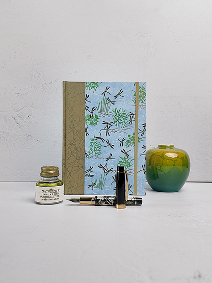 NEW A5 160-page Hardcover Journal finished in Green Japanese Book Cloth and blue Dragonfly Chiyogami Paper