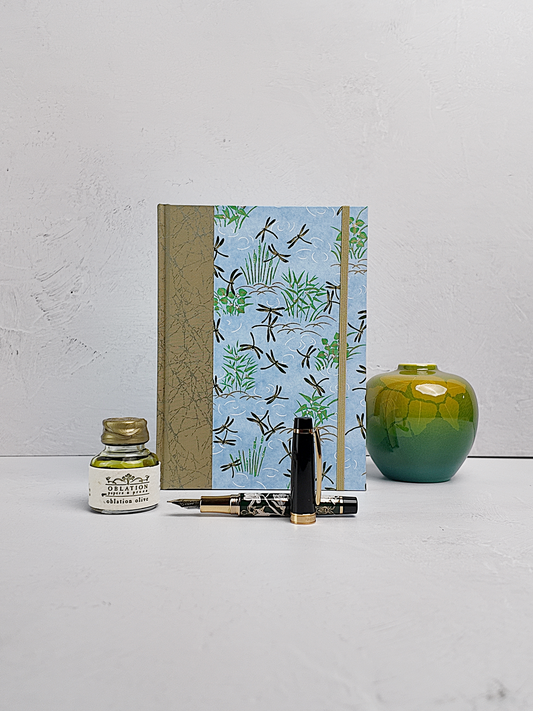 NEW A5 160-page Hardcover Journal finished in Green Japanese Book Cloth and blue Dragonfly Chiyogami Paper