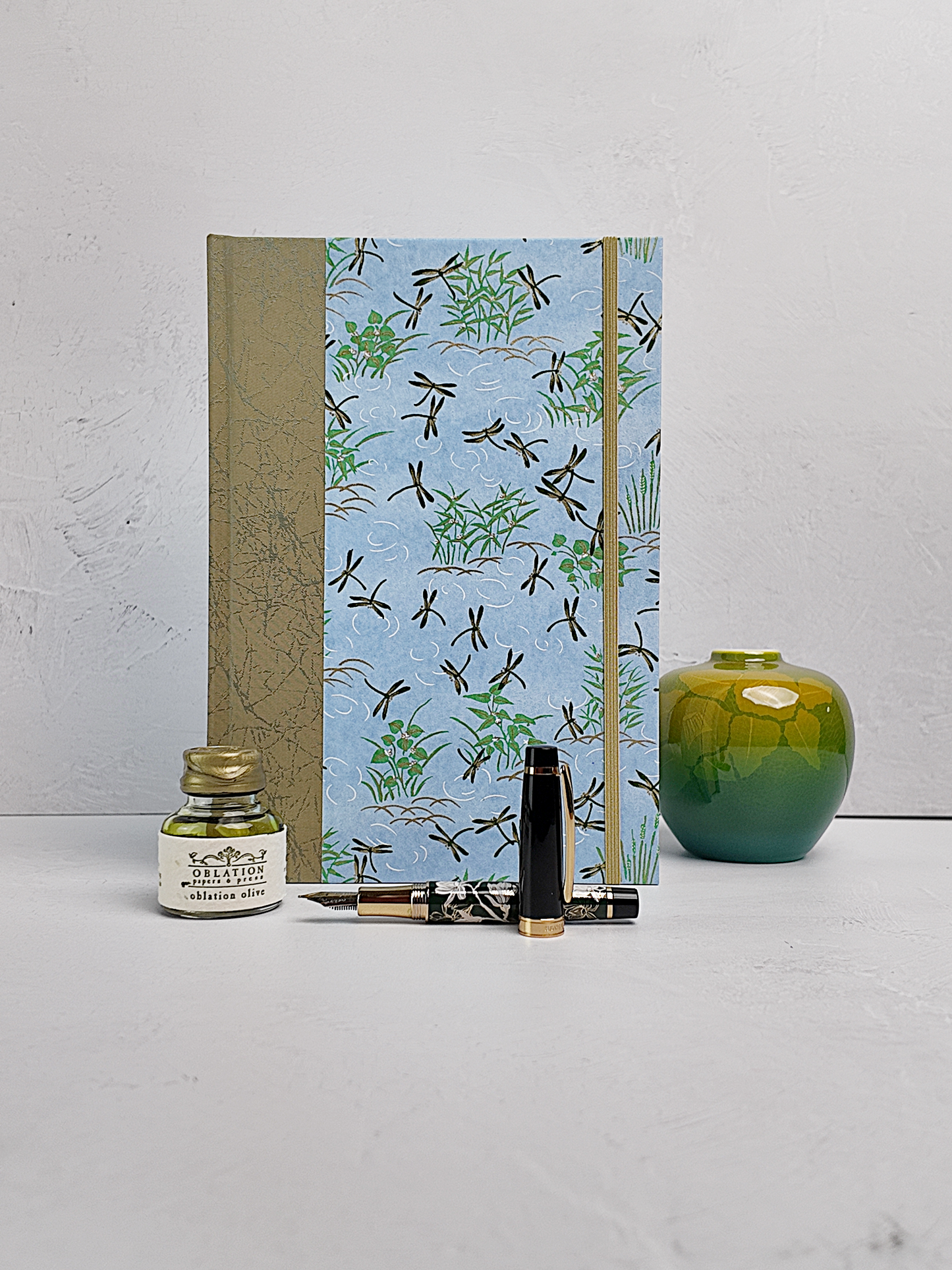 NEW B5 192-page Hardcover Journal finished in Green Japanese Book Cloth and blue Dragonfly Chiyogami Paper
