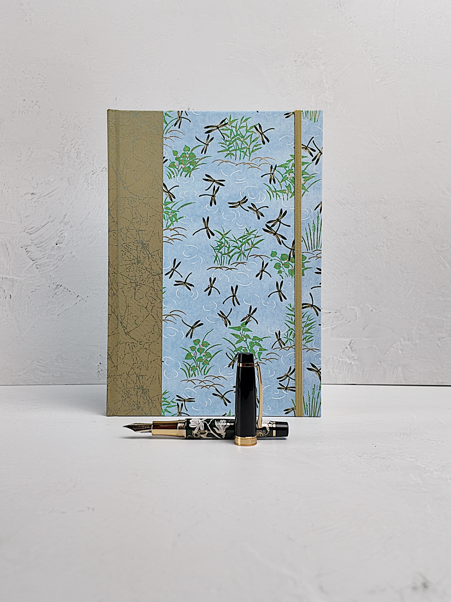 NEW B5 192-page Hardcover Journal finished in Green Japanese Book Cloth and blue Dragonfly Chiyogami Paper