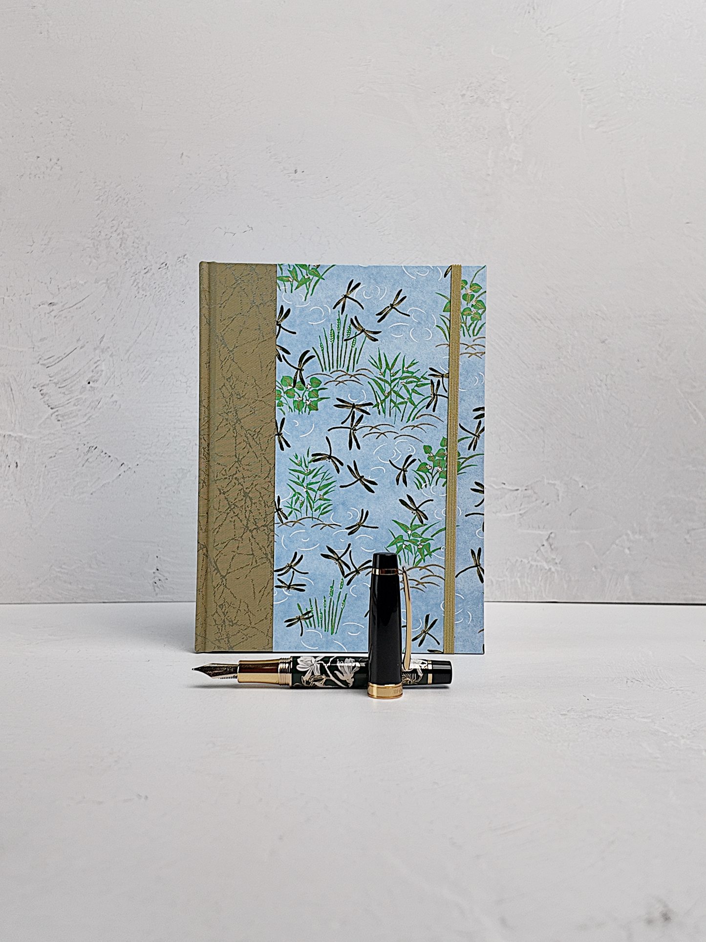 NEW A5 160-page Hardcover Journal finished in Green Japanese Book Cloth and blue Dragonfly Chiyogami Paper