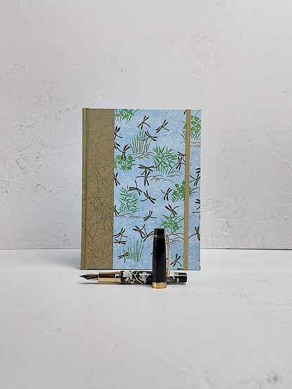 NEW A5 160-page Hardcover Journal finished in Green Japanese Book Cloth and blue Dragonfly Chiyogami Paper