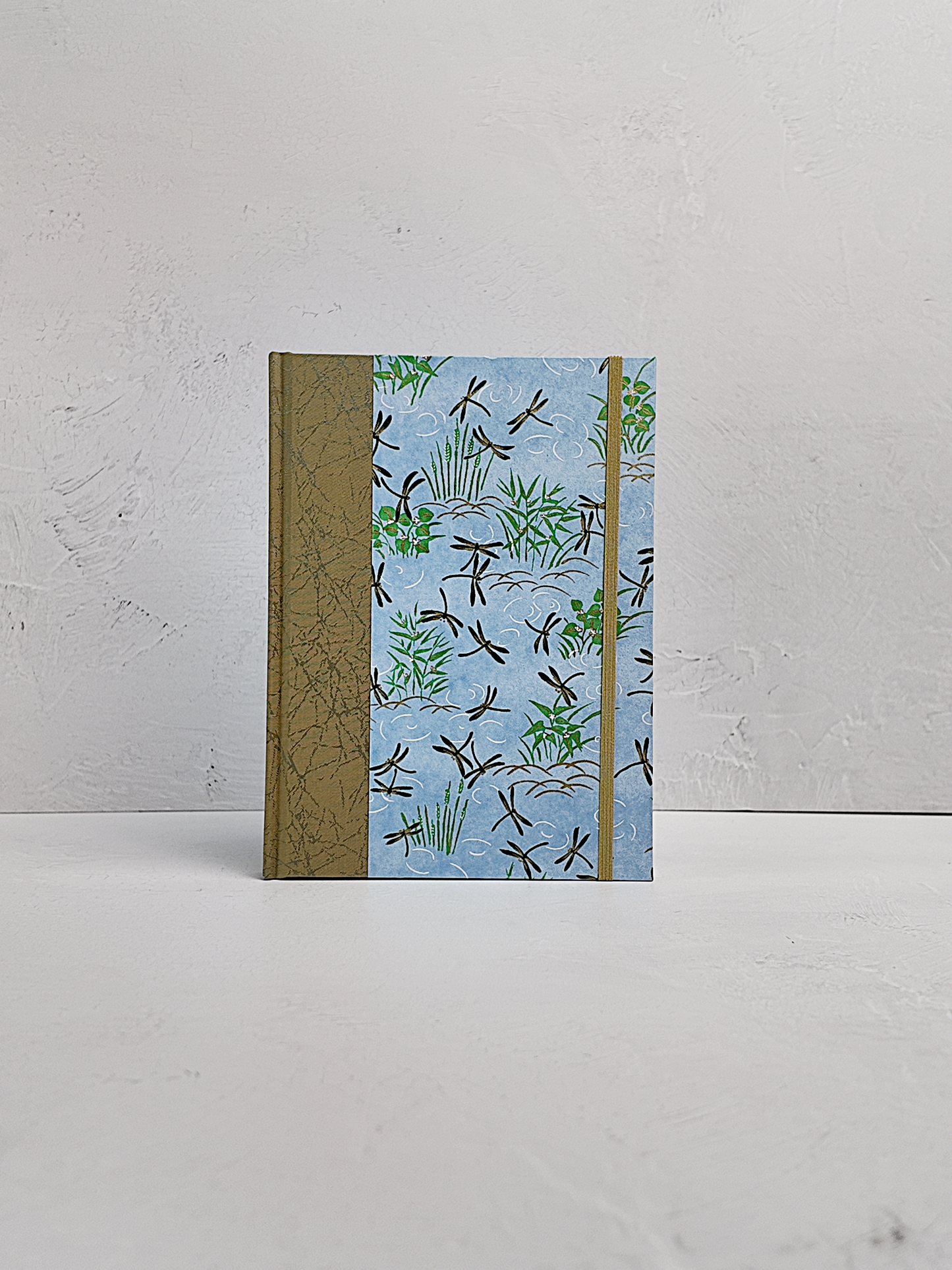 NEW A5 160-page Hardcover Journal finished in Green Japanese Book Cloth and blue Dragonfly Chiyogami Paper