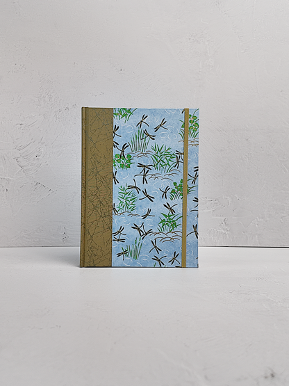 NEW A5 160-page Hardcover Journal finished in Green Japanese Book Cloth and blue Dragonfly Chiyogami Paper