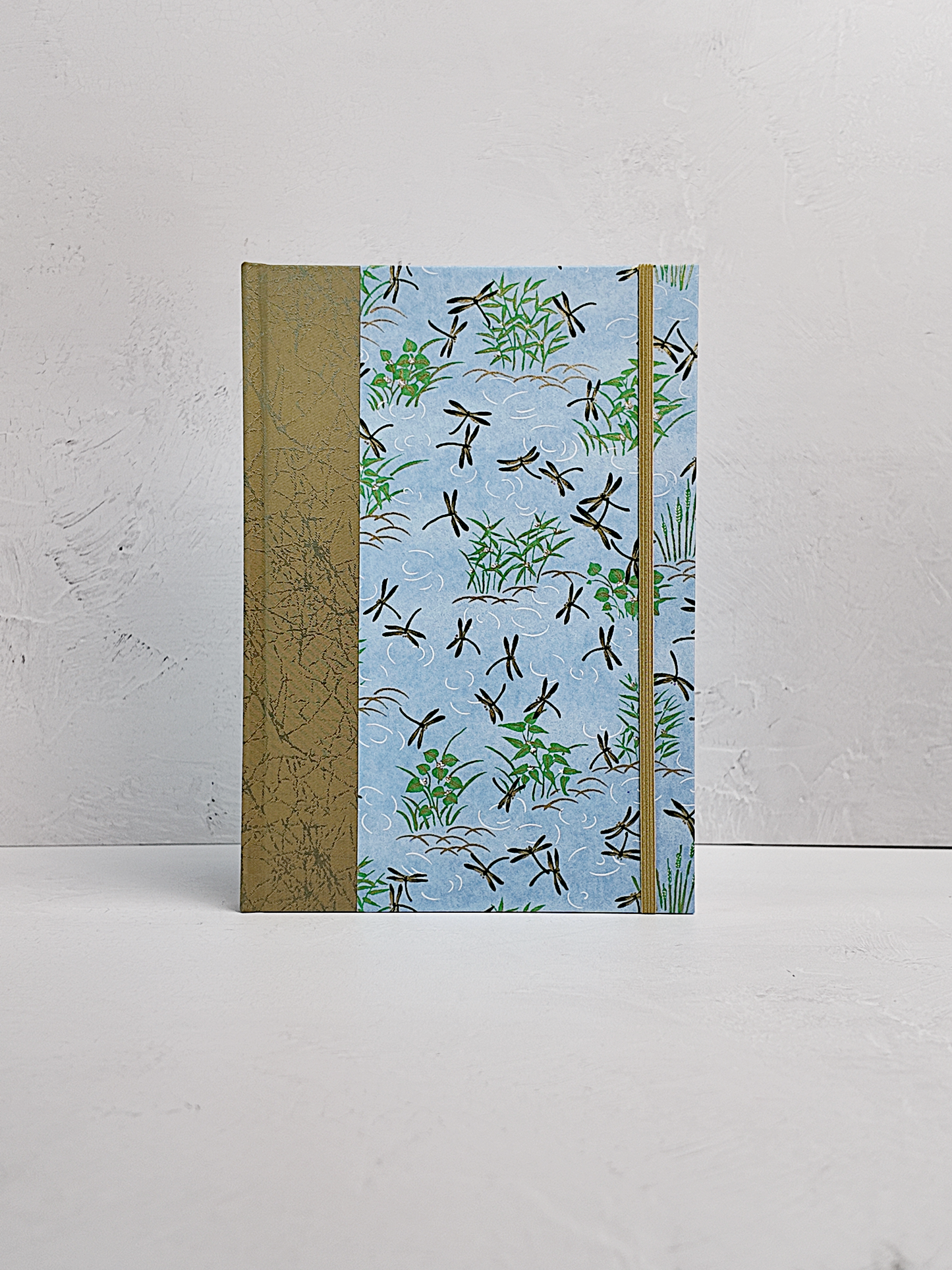 NEW B5 192-page Hardcover Journal finished in Green Japanese Book Cloth and blue Dragonfly Chiyogami Paper