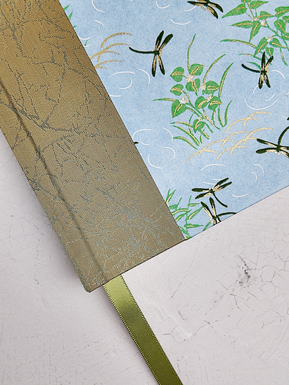NEW B5 192-page Hardcover Journal finished in Green Japanese Book Cloth and blue Dragonfly Chiyogami Paper