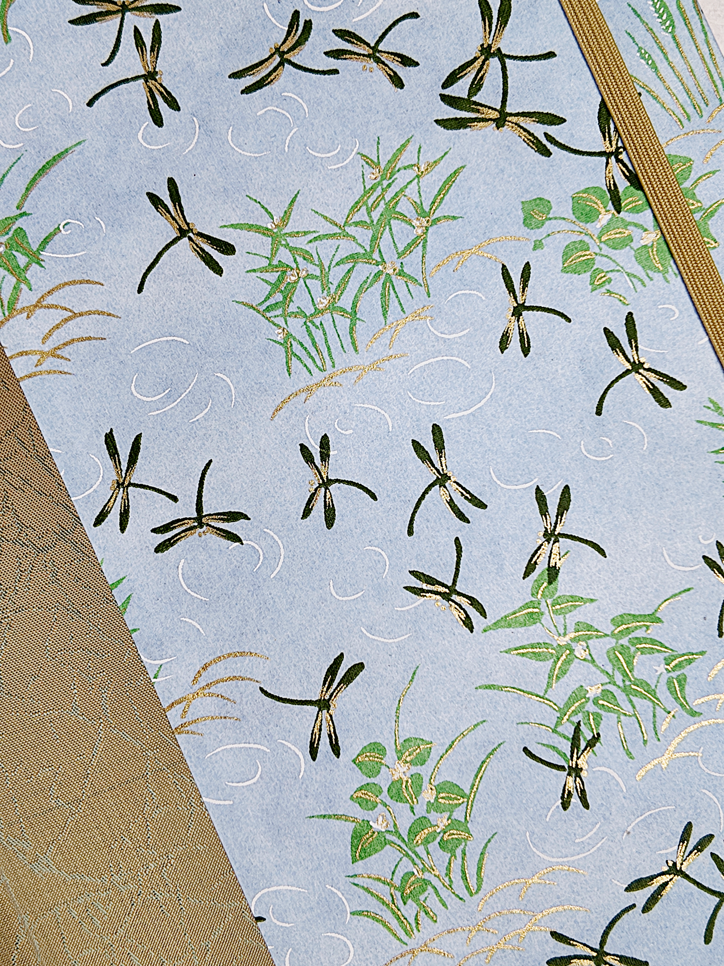 NEW A5 160-page Hardcover Journal finished in Green Japanese Book Cloth and blue Dragonfly Chiyogami Paper