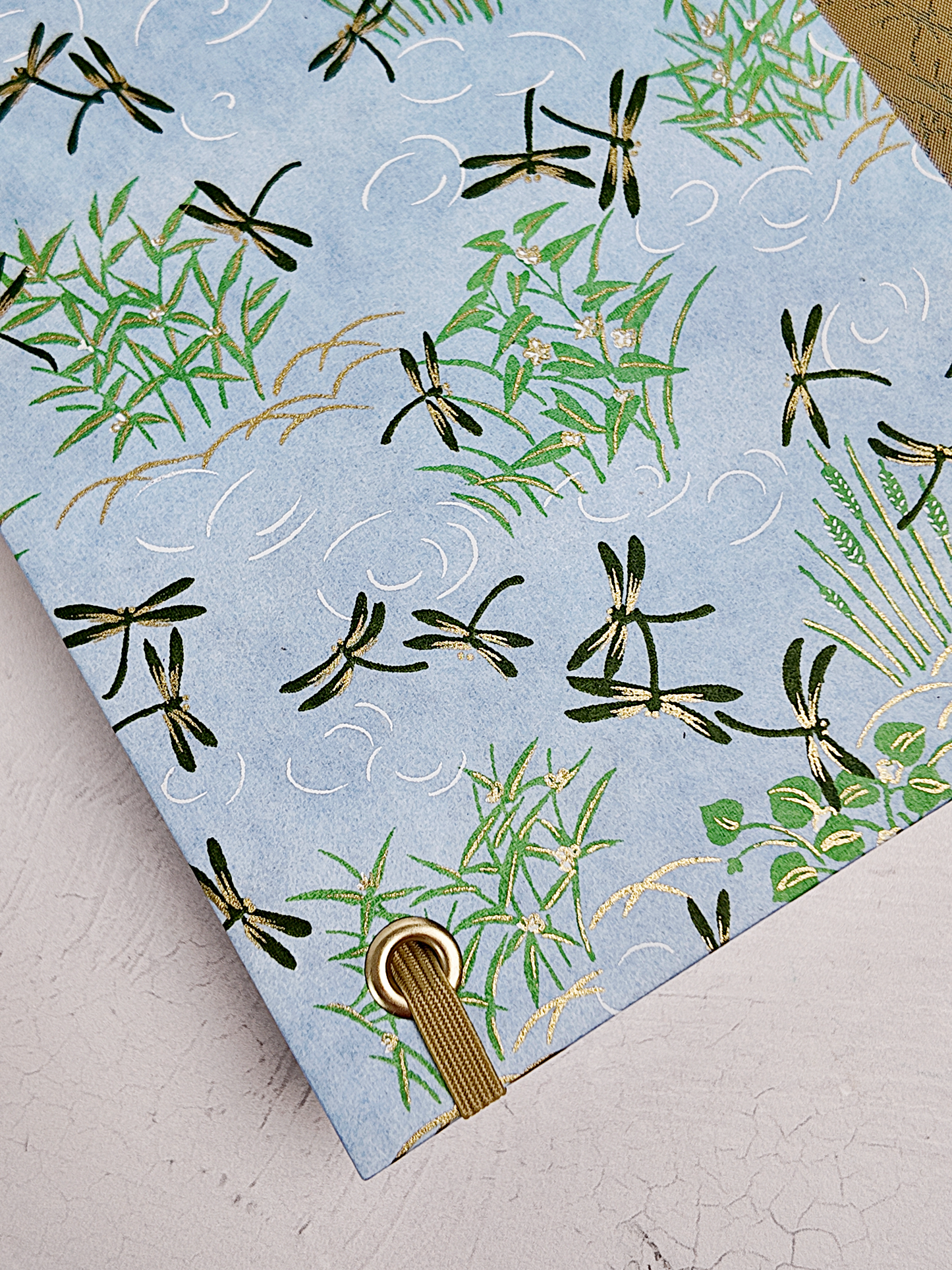 NEW B5 192-page Hardcover Journal finished in Green Japanese Book Cloth and blue Dragonfly Chiyogami Paper