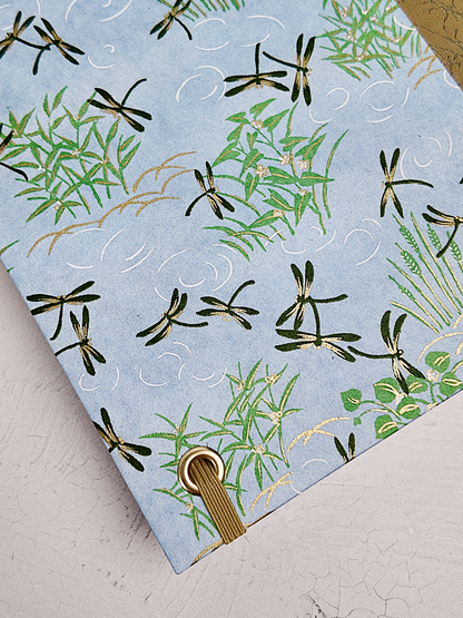 NEW B5 192-page Hardcover Journal finished in Green Japanese Book Cloth and blue Dragonfly Chiyogami Paper