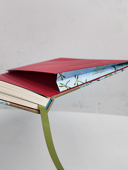 NEW B5 192-page Hardcover Journal finished in Green Japanese Book Cloth and blue Dragonfly Chiyogami Paper