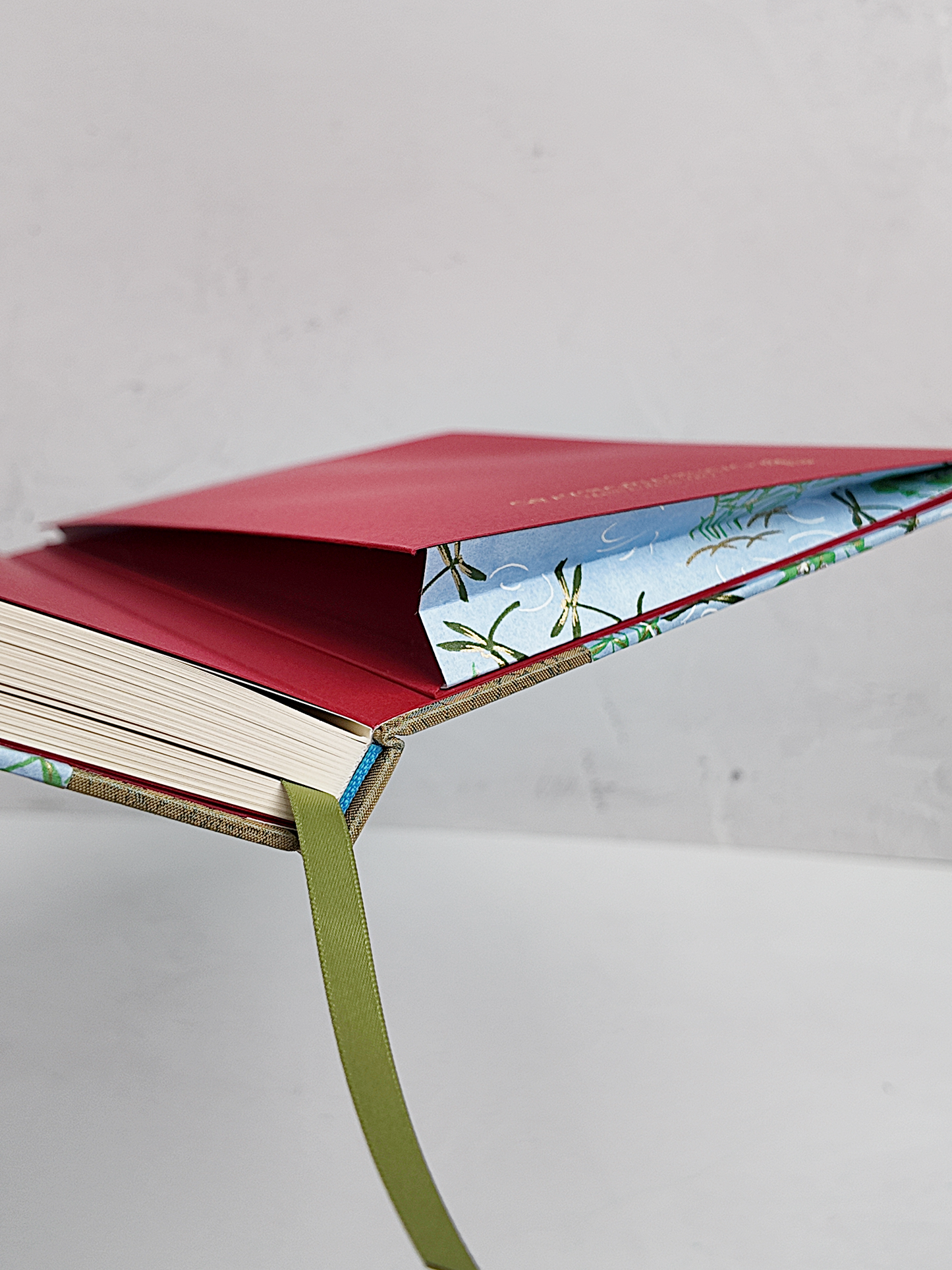 NEW A5 160-page Hardcover Journal finished in Green Japanese Book Cloth and blue Dragonfly Chiyogami Paper