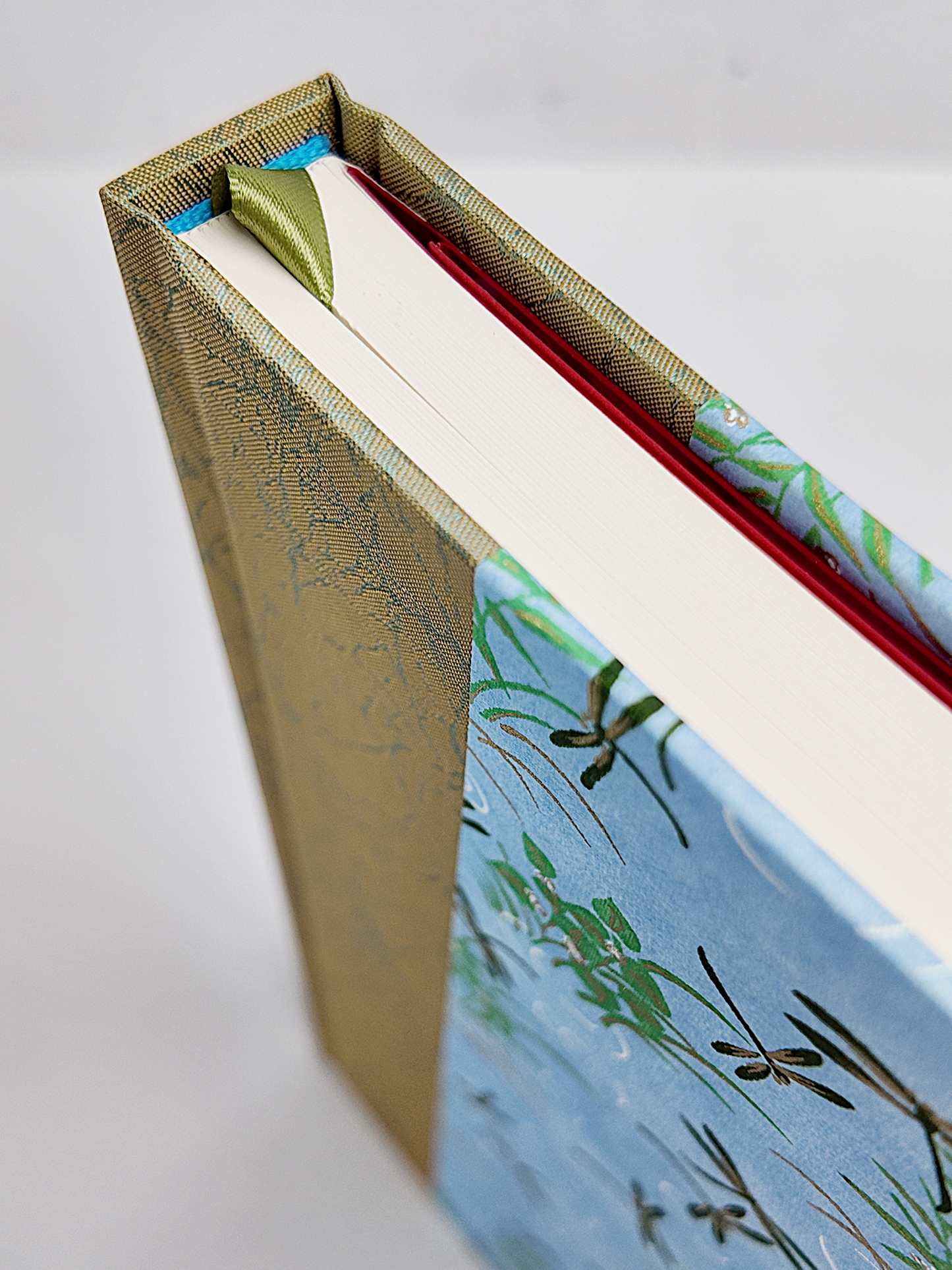 NEW A5 160-page Hardcover Journal finished in Green Japanese Book Cloth and blue Dragonfly Chiyogami Paper