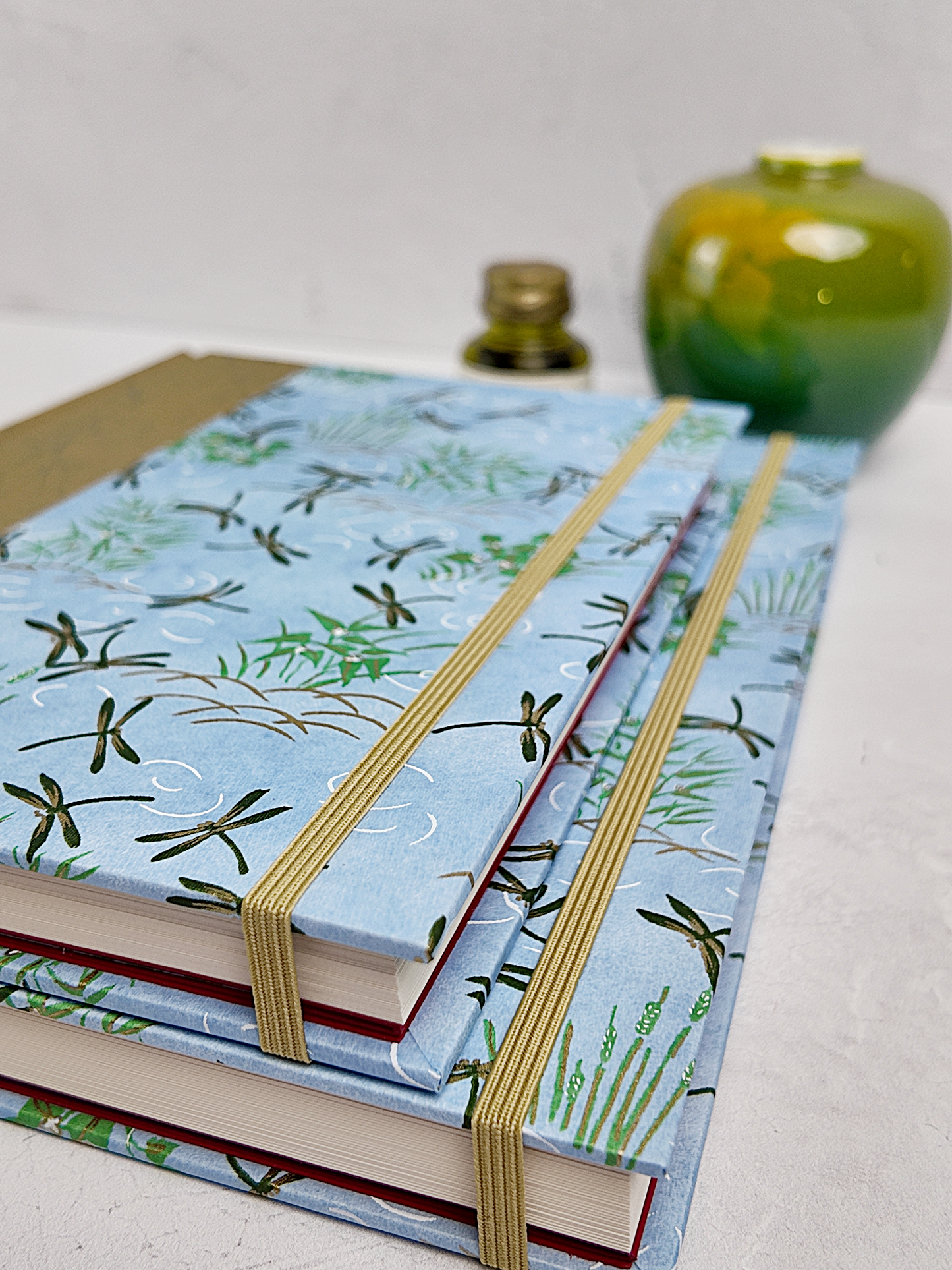 NEW B5 192-page Hardcover Journal finished in Green Japanese Book Cloth and blue Dragonfly Chiyogami Paper
