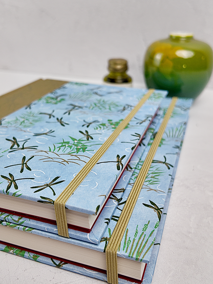 NEW B5 192-page Hardcover Journal finished in Green Japanese Book Cloth and blue Dragonfly Chiyogami Paper