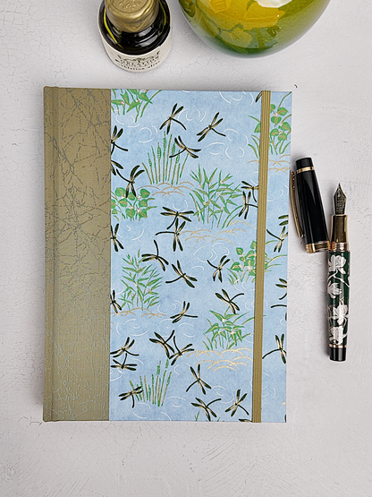 NEW A5 160-page Hardcover Journal finished in Green Japanese Book Cloth and blue Dragonfly Chiyogami Paper