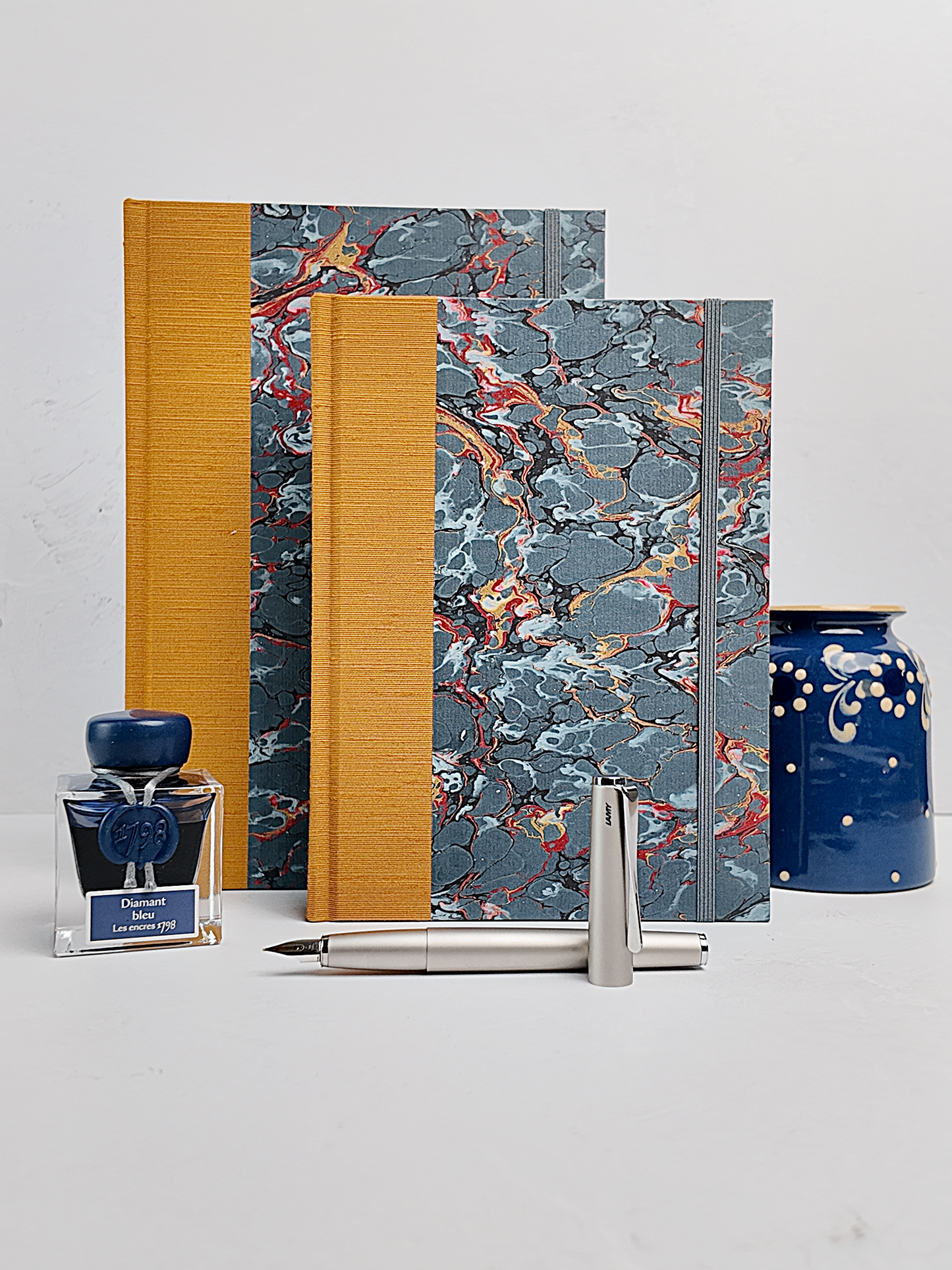 NEW B5 192-page Hardcover Journal finished in Ochre Japanese book cloth and French Marble Paper