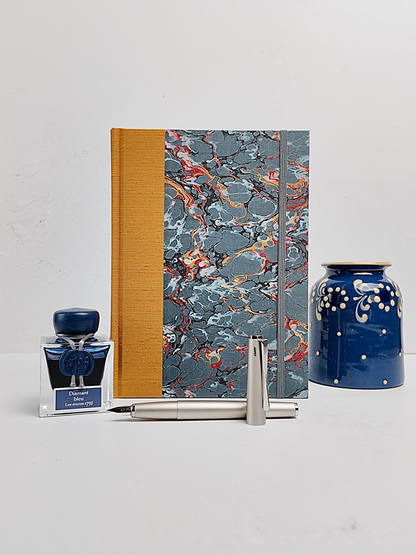 NEW A5 160-page Hardcover Journal finished in Ochre Japanese book cloth and French Marble Paper