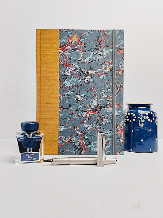 NEW B5 192-page Hardcover Journal finished in Ochre Japanese book cloth and French Marble Paper