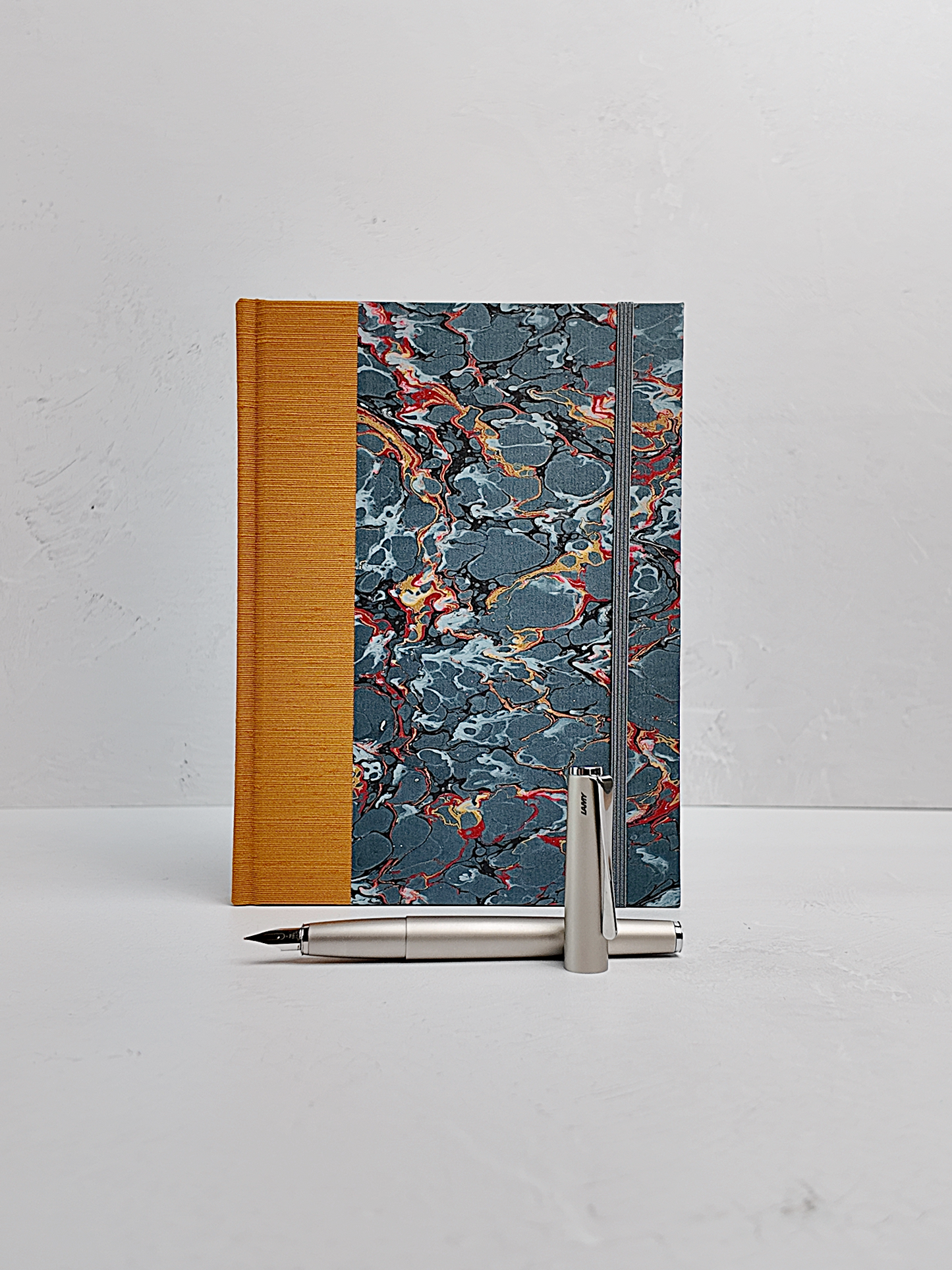 NEW A5 160-page Hardcover Journal finished in Ochre Japanese book cloth and French Marble Paper