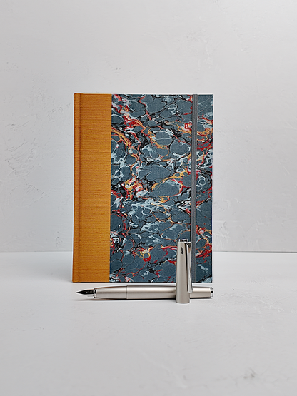 NEW A5 160-page Hardcover Journal finished in Ochre Japanese book cloth and French Marble Paper