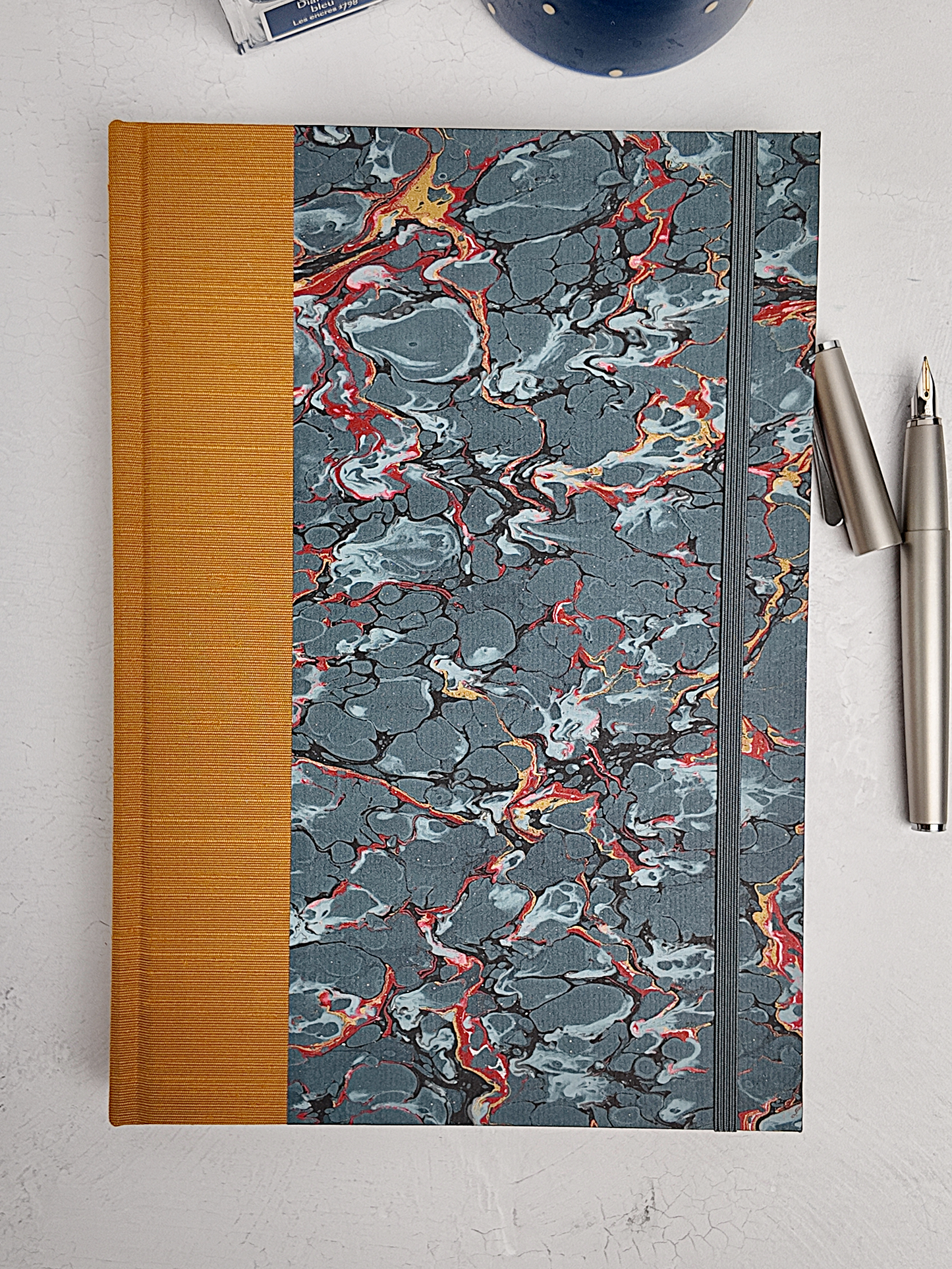 NEW B5 192-page Hardcover Journal finished in Ochre Japanese book cloth and French Marble Paper