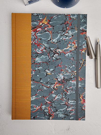 NEW B5 192-page Hardcover Journal finished in Ochre Japanese book cloth and French Marble Paper