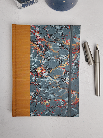 NEW A5 160-page Hardcover Journal finished in Ochre Japanese book cloth and French Marble Paper
