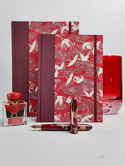 NEW A5 160-page Hardcover Journal finished in Maroon Japanese book cloth and white Cranes on red Chiyogami paper