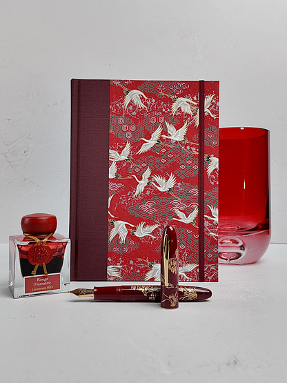 NEW A5 160-page Hardcover Journal finished in Maroon Japanese book cloth and white Cranes on red Chiyogami paper
