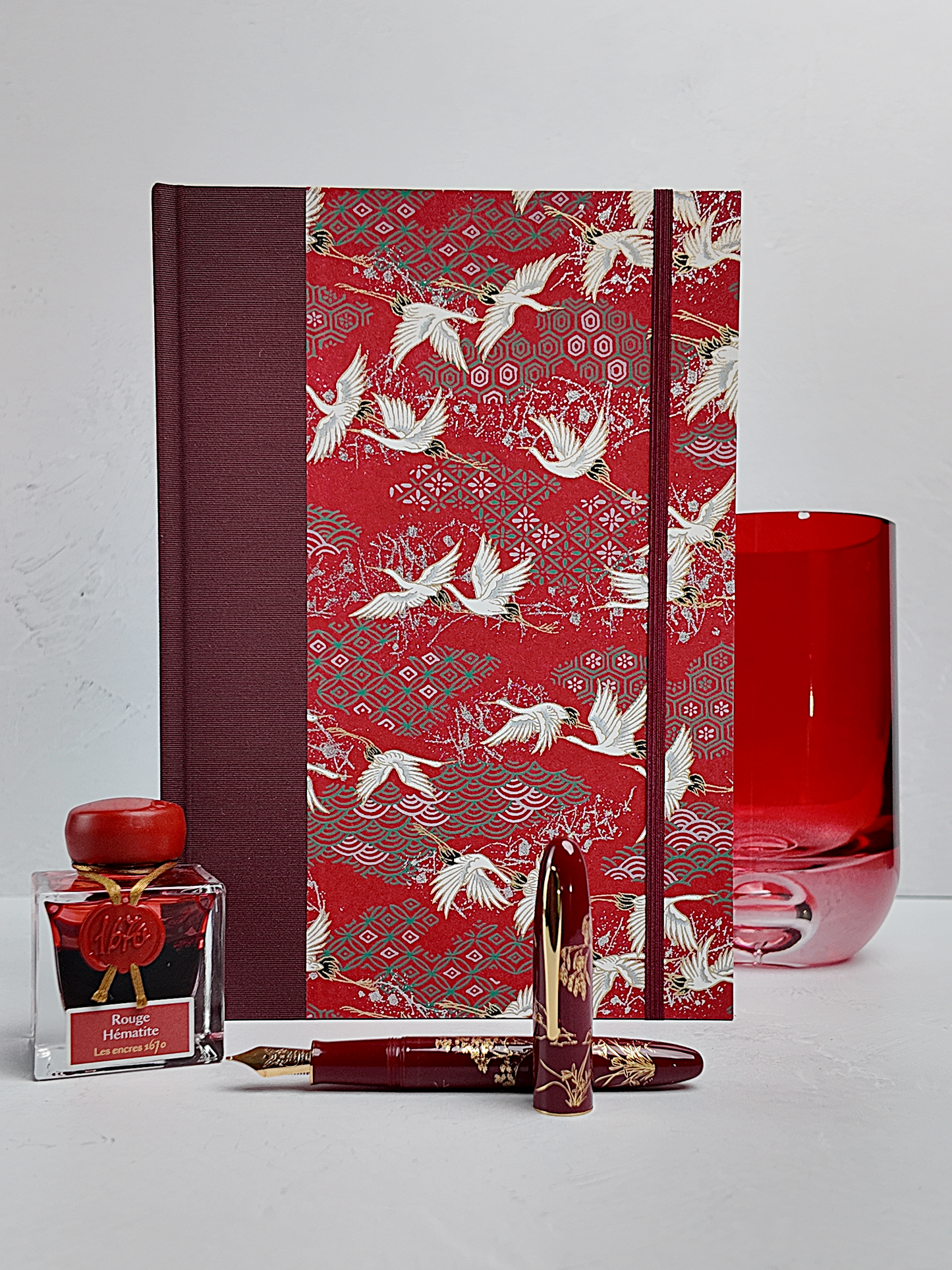 NEW B5 192-page Hardcover Journal finished in Maroon Japanese book cloth and white Cranes on red Chiyogami paper