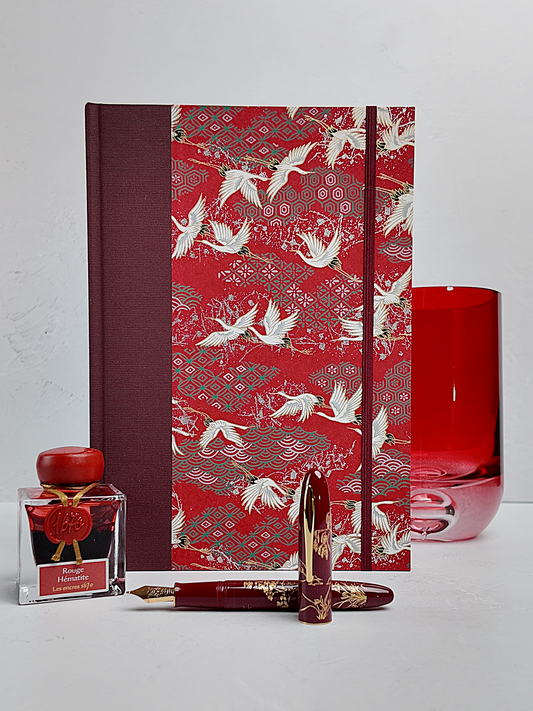 NEW B5 192-page Hardcover Journal finished in Maroon Japanese book cloth and white Cranes on red Chiyogami paper