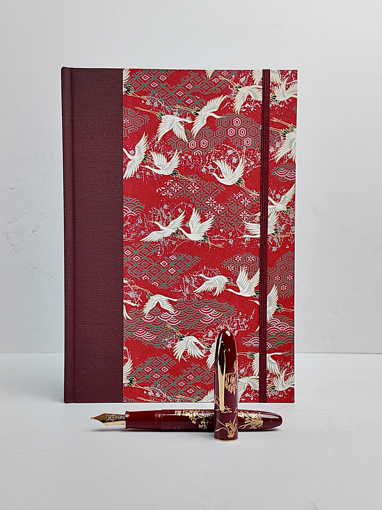 NEW B5 192-page Hardcover Journal finished in Maroon Japanese book cloth and white Cranes on red Chiyogami paper