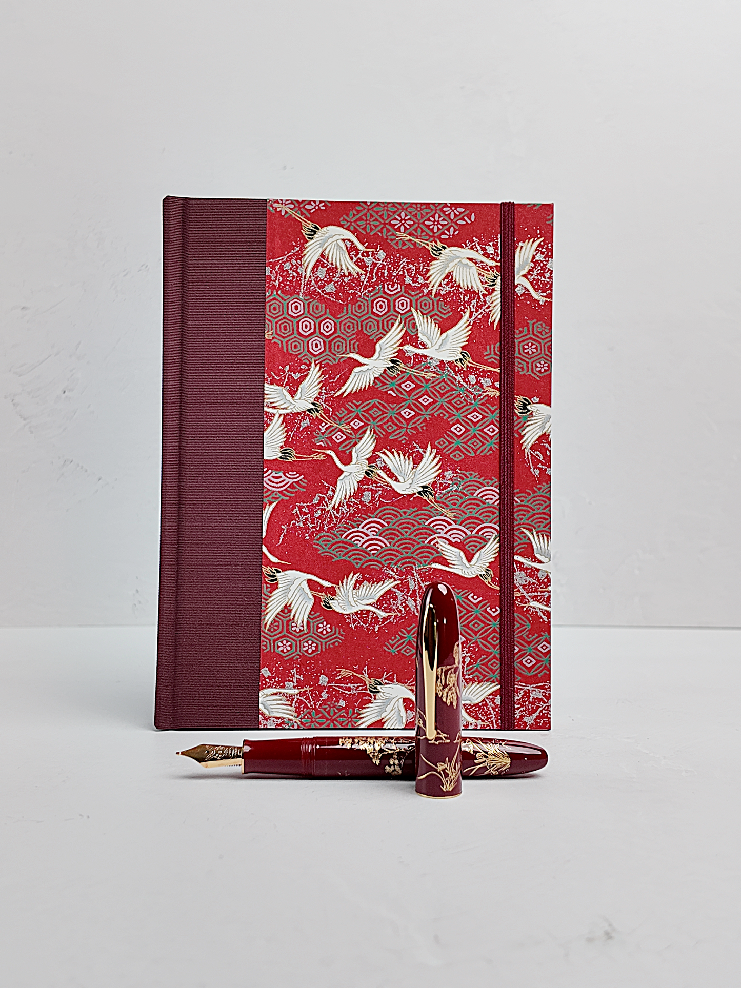 NEW A5 160-page Hardcover Journal finished in Maroon Japanese book cloth and white Cranes on red Chiyogami paper